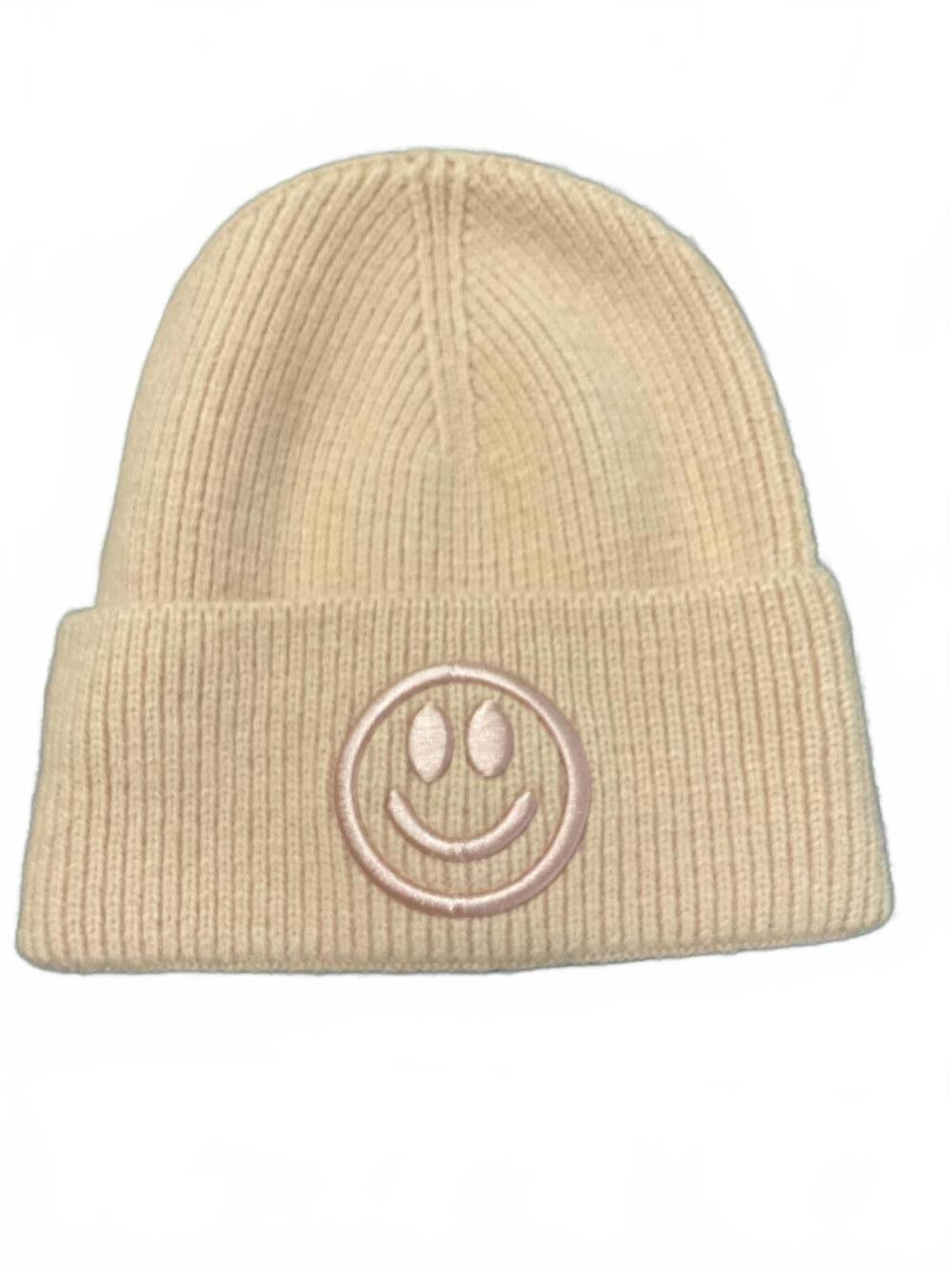 Pink Knit Beanie with Smiley Face Embroidery